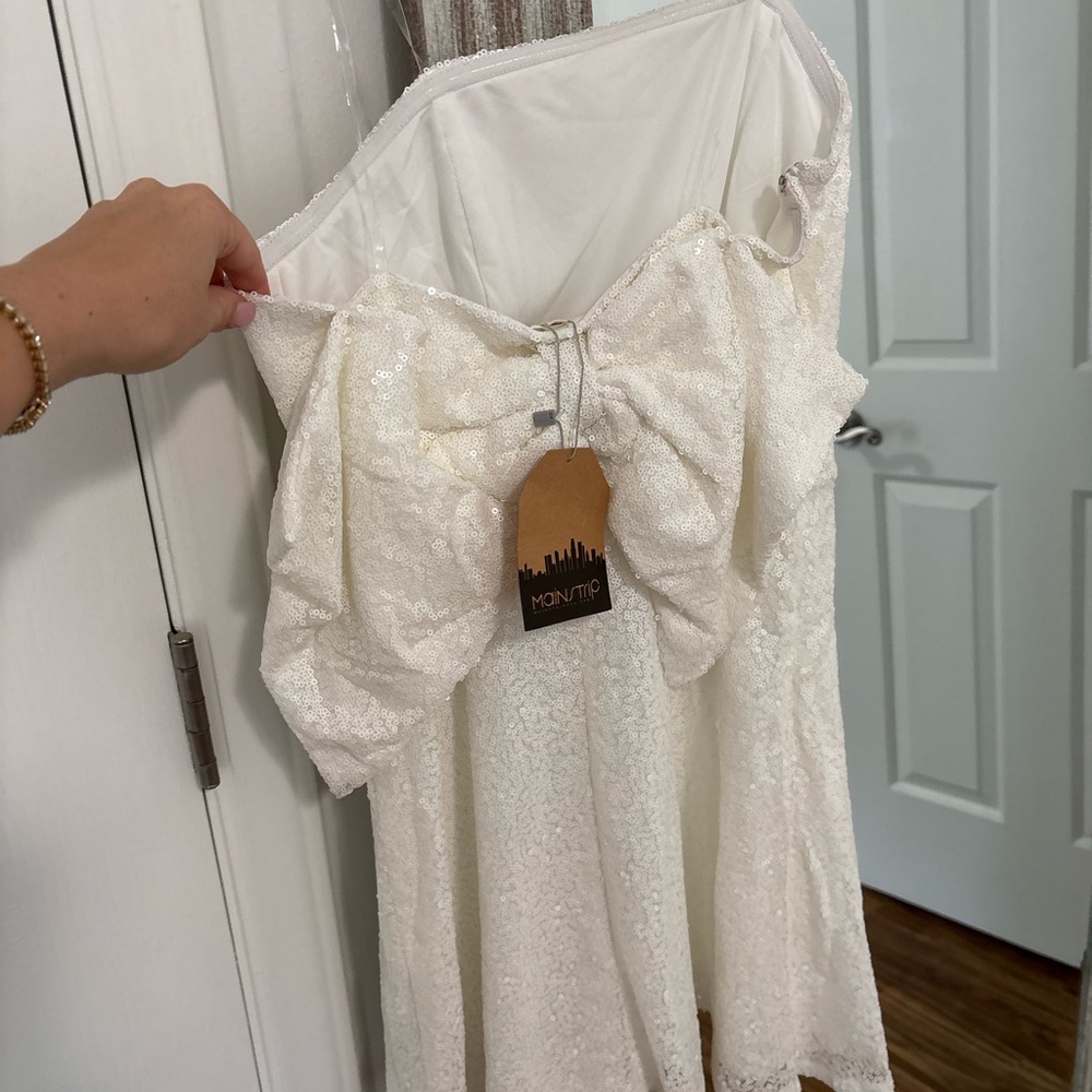 Main Strip Cream Sequin Strapless Dress